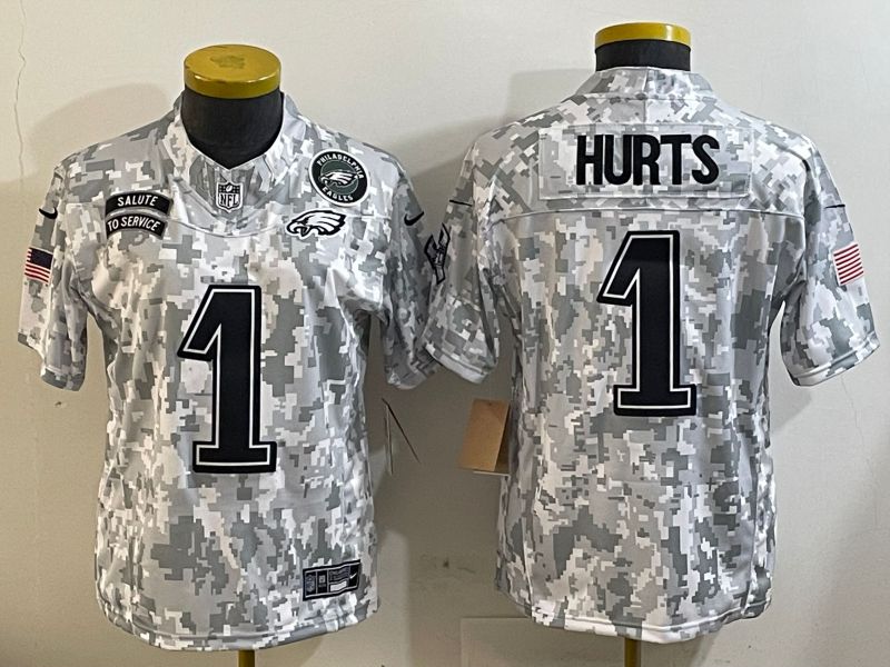 Youth Philadelphia Eagles 1 Hurts Camo Nike 2025 Salute to Service Limited NFL Jersey style 1